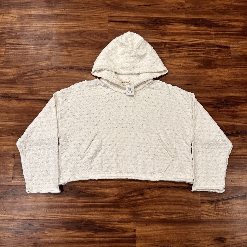 Free People Sweater Womens Medium White Hooded Textured Cropped Pullover Knit